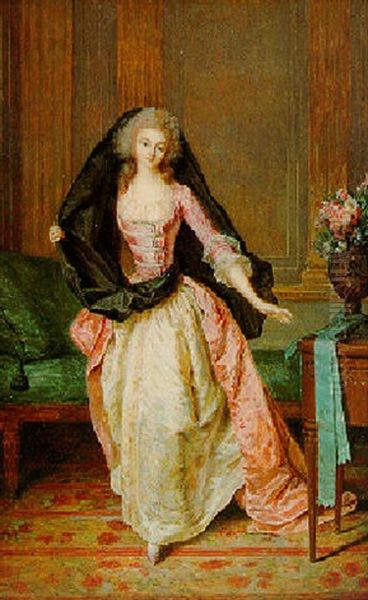 A Portrait Of Princesse De Vaudemont-lorraine Standing In A Louis Xvi Interior Before A Green-upholstered Gilt-wood Chaise Longue Oil Painting by Niklas Lafrensen the Younger