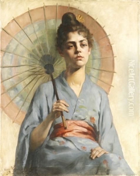 Kvinna I Kimono Och Parasoll (sjalvportratt?) Oil Painting by Ava Hedvig Gustaiva Lagercrantz