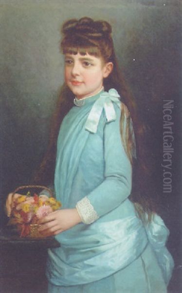 Portrait Of A Young Girl In A Blue Dress Holding A Basket Of Flowers Oil Painting by Eugene Lagier