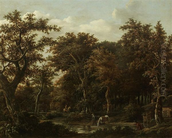 A Wooded Landscape With A Traveller Watering His Horse At A Stream Oil Painting by Jan De Lagoor