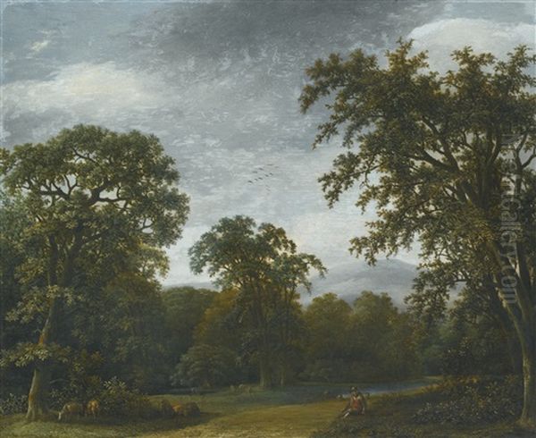 A Wooded Landscape With A Shepherd And His Flock By A Path Oil Painting by Jan De Lagoor