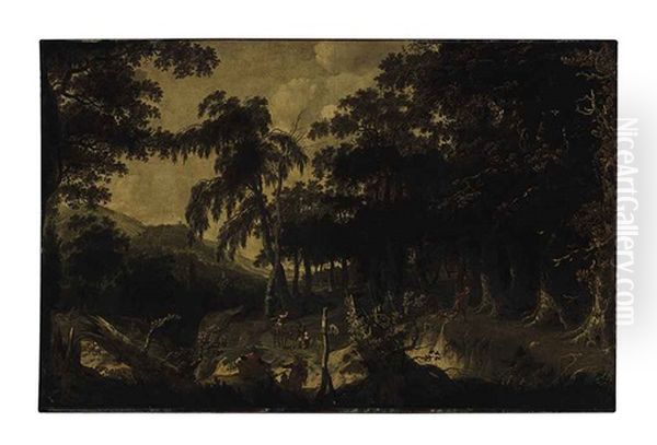 Travelers Resting On A Sandy Parth, With A Hunter On A Dune, In A Wooded Landscape Oil Painting by Jan De Lagoor