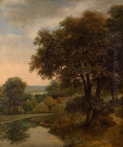 Bewaldete Landschaft Mit Wasserlauf Und Einem Bauernhaus Zwischen Baumen Oil Painting by Jan De Lagoor