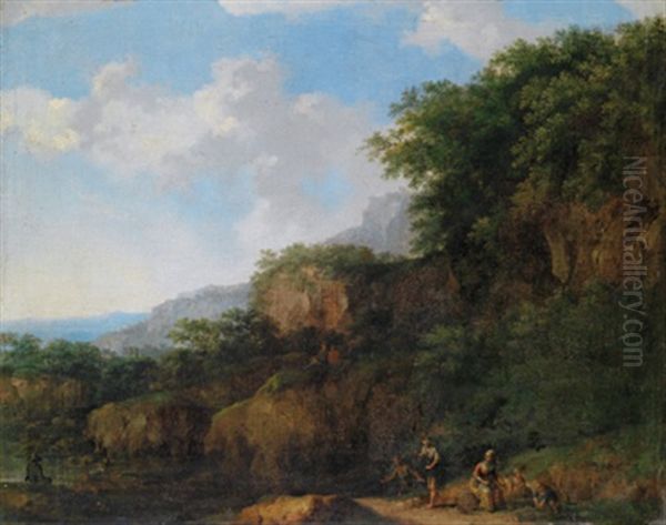 Bewaldete, Gebirgige Flusslandschaft Mit Figuren Oil Painting by Jan De Lagoor