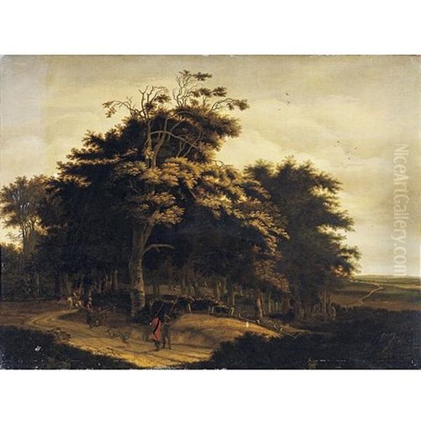 Wooded Landscape With Travellers Oil Painting by Jan De Lagoor