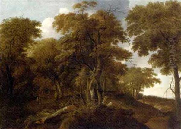 An Extensive Wooded Landscape With Travellers On A Track Oil Painting by Jan De Lagoor