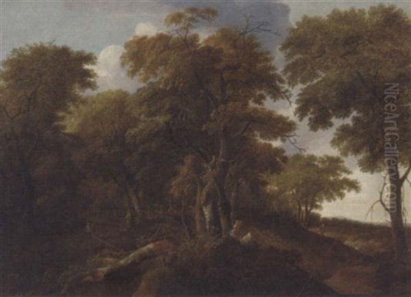 An Extensive Wooded Landscape With Travellers On A Track Oil Painting by Jan De Lagoor