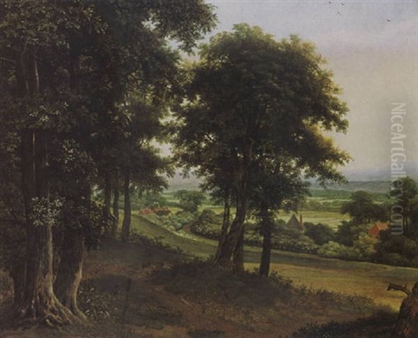 Extensive Wooded Landscape With Houses, Hills Beyond Oil Painting by Jan De Lagoor