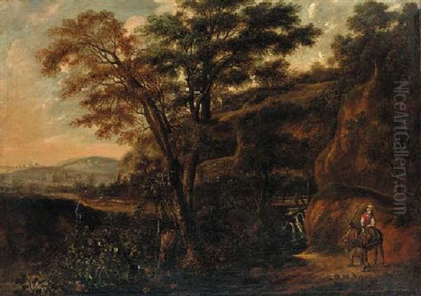 A Wooded Landscape With A Traveller On A Donkey Oil Painting by Jan De Lagoor