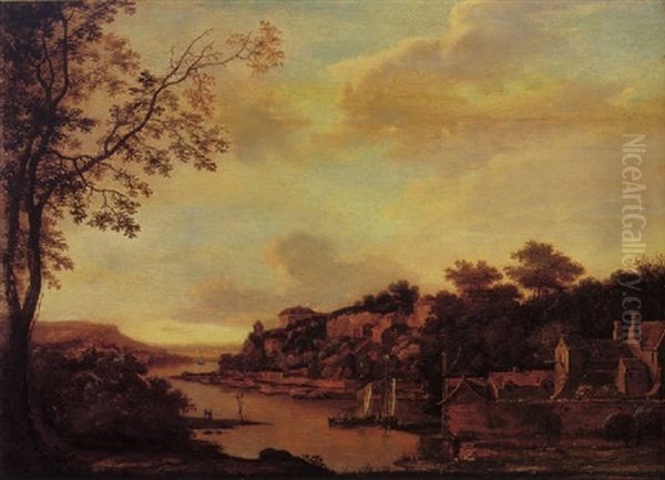 An Extensive River Landscape With Fishermen And Sailing Boats By A Walled Town, Other Buildings Beyond Oil Painting by Jan De Lagoor