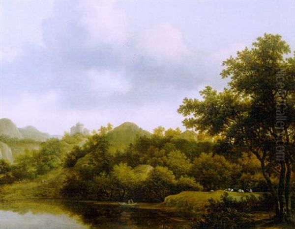 A View Of A Lake In A Mountainous Landscape On A Cloudy Day Oil Painting by Jan De Lagoor