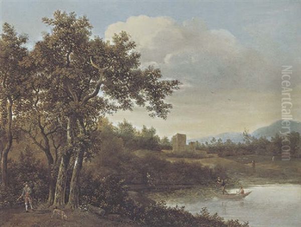 Flusslandschaft Mit Kahnfahrern Oil Painting by Jan De Lagoor