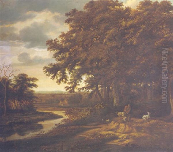 A Herder With Animals On A River Bank By The Margin Of A Wood Oil Painting by Jan De Lagoor