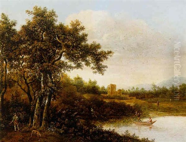 A Wooded Landscape With Figures Netting Fish In A Pond, And A Sportsman And His Dog Among The Trees Oil Painting by Jan De Lagoor