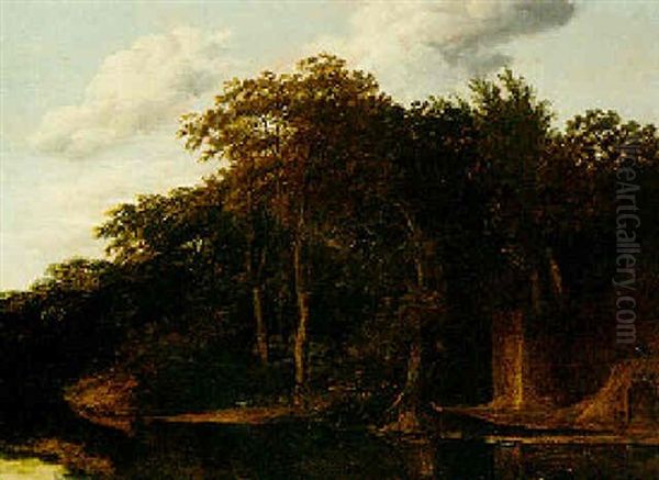 A River Landscape Oil Painting by Jan De Lagoor