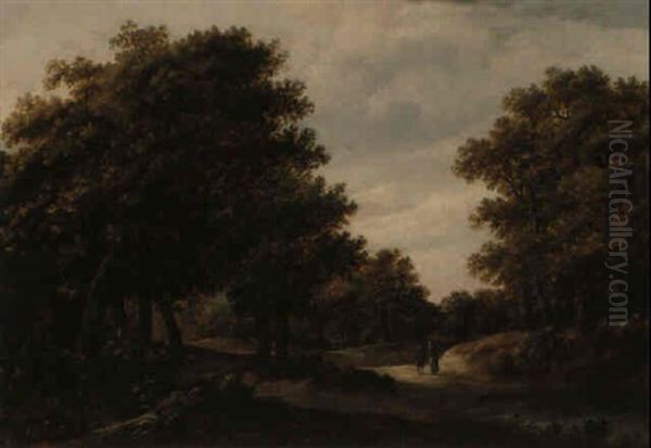 Wooded Landscape With Figures On A Path Oil Painting by Jan De Lagoor