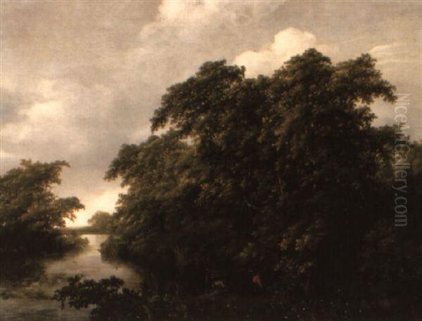 A Wooded River Landscape With Anglers Mooring Boats On A Bank Oil Painting by Jan De Lagoor