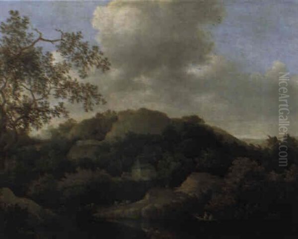 Waldlandschaft Mit Bauernhaus An Einem Teich Oil Painting by Jan De Lagoor