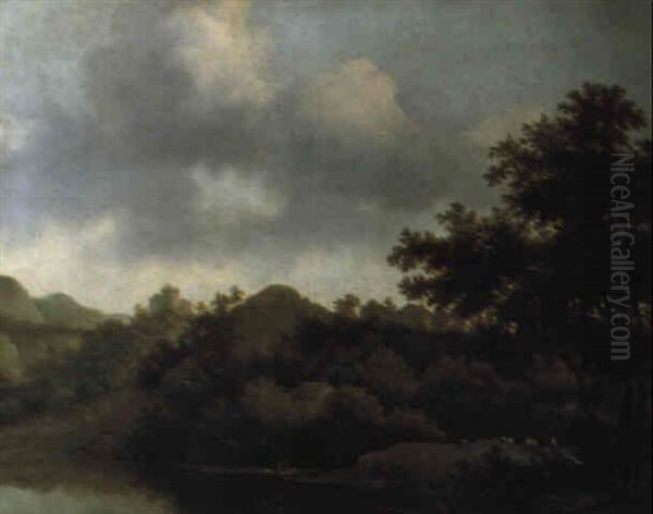 Waldlandschaft Mit Einem Teich, Einem Fischerboot Und Schafen Oil Painting by Jan De Lagoor