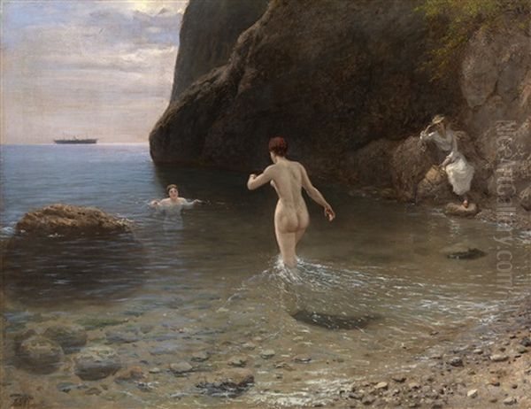 Bathing In Crimea Oil Painting by Lev Felixovich Lagorio