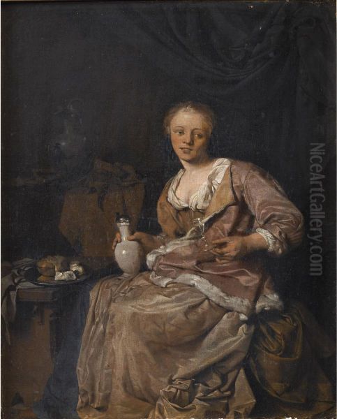 Jeune Femme Dans Un Interieur Tenant Un Verre Oil Painting by Cornelis (Pietersz.) Bega