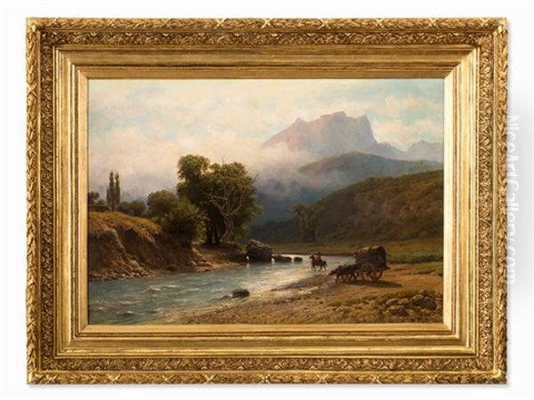 River Crossing In The Caucasus Oil Painting by Lev Felixovich Lagorio