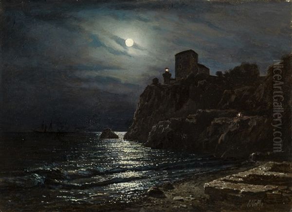 Moonlit Coast With A Castle Oil Painting by Lev Felixovich Lagorio