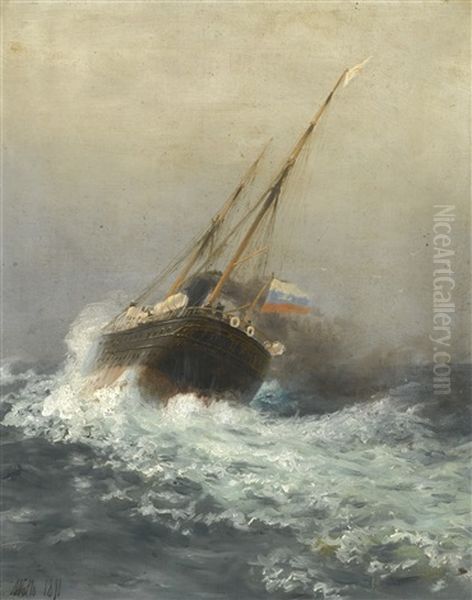 Steamship On High Seas Oil Painting by Lev Felixovich Lagorio