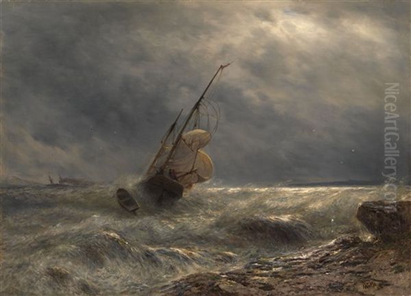 Ship In A Storm Oil Painting by Lev Felixovich Lagorio