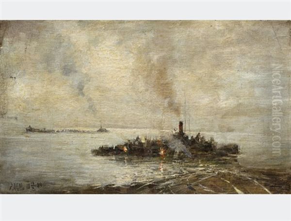 Warships In The Black Sea Oil Painting by Lev Felixovich Lagorio