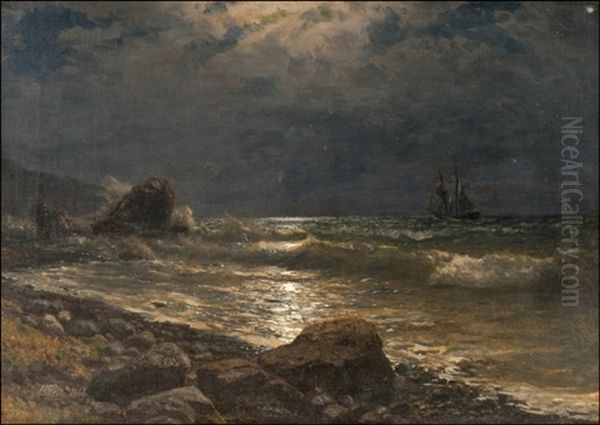 A Ship By The Moonlit Coast Oil Painting by Lev Felixovich Lagorio