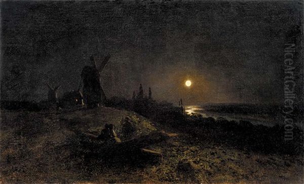 Seascape With A Mill By Moonlight Oil Painting by Lev Felixovich Lagorio