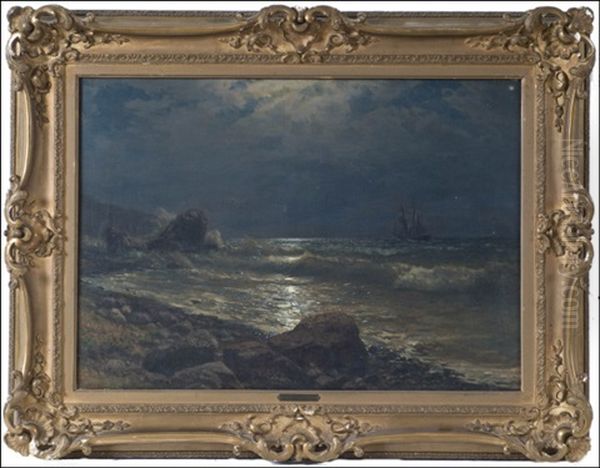 A Ship By The Moonlit Coast Oil Painting by Lev Felixovich Lagorio