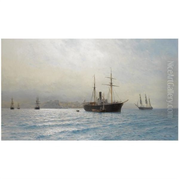 Ships On A Calm Sea Oil Painting by Lev Felixovich Lagorio