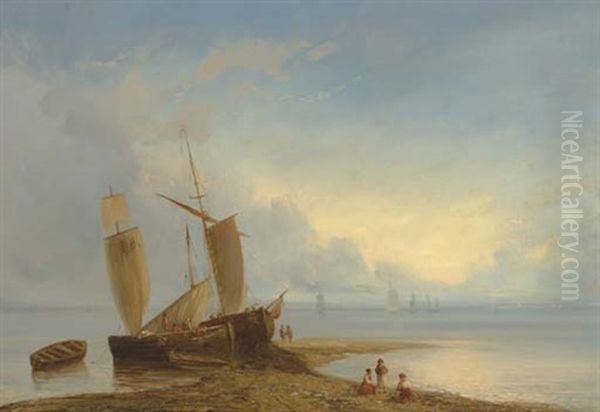 Ships Moored At Low Tide Oil Painting by Lev Felixovich Lagorio