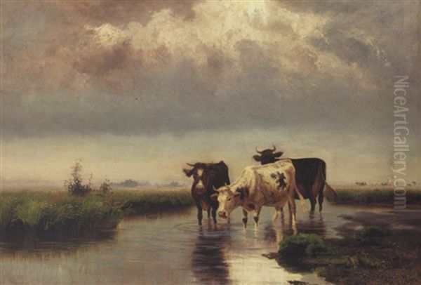 Cattle By A Stream Oil Painting by Lev Felixovich Lagorio