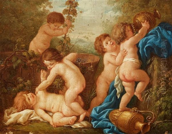 Putti Harvesting Grapes (allegory Of Autumn) Oil Painting by Jean Jacques Lagrenee the Younger