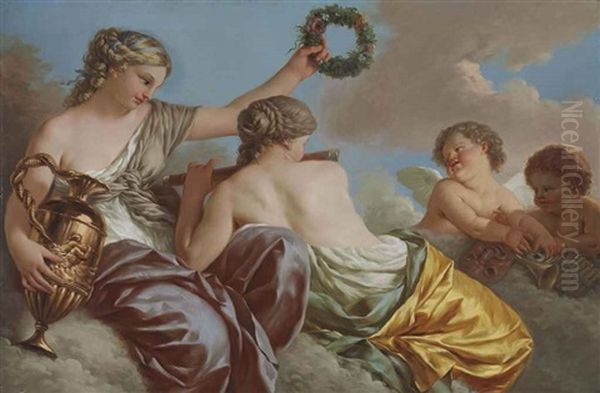 Two Muses With Putti Oil Painting by Jean Jacques Lagrenee the Younger