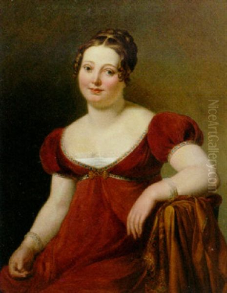 Portrait Of A Lady In A Red Dress, A Shawl Draped Over A Chair Oil Painting by Jean Jacques Lagrenee the Younger