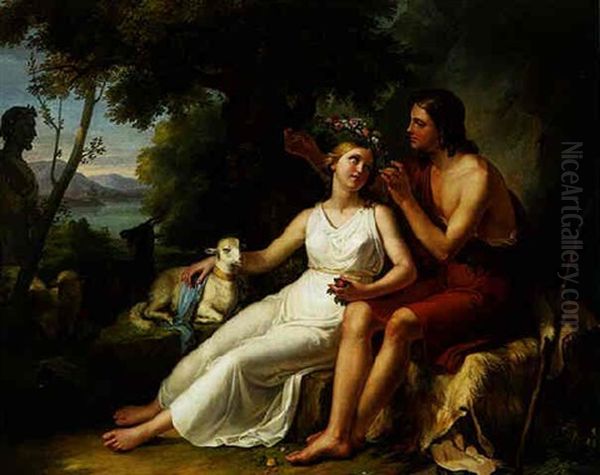 An Arcadian Landscape With A Shepherd Crowning A Young Woman With A Wreath Of Flowers (daphnis And Chloe?) Oil Painting by Jean Jacques Lagrenee the Younger