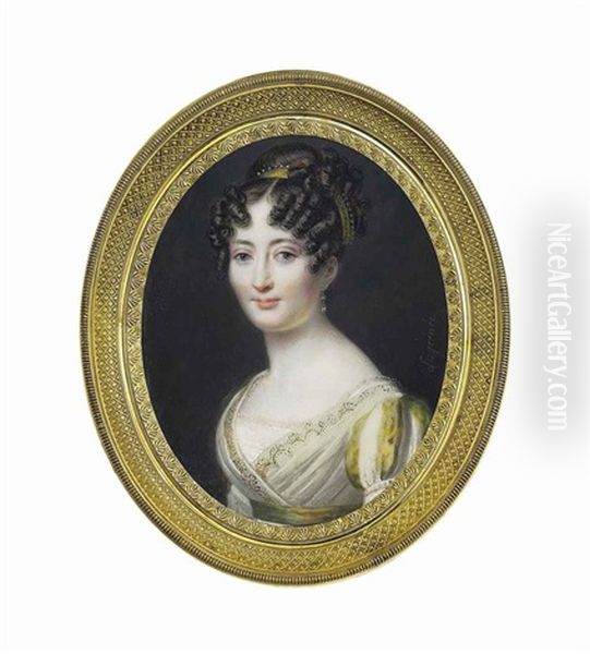 Adelaide Du Trochet, In White Dress With Embroidered Edge, White And Green Short Puffed Sleeves, Green Belt, Her Dark Upswept Hair Dressed In Curls Oil Painting by Anthelme Francois Lagrenee