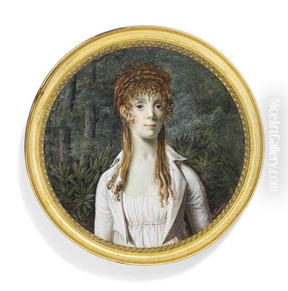 Marquise De Templehof, In A Wooded Landscape, In Decollete White Dress With White Surcoat, Trees And Shrubs In The Background Oil Painting by Anthelme Francois Lagrenee