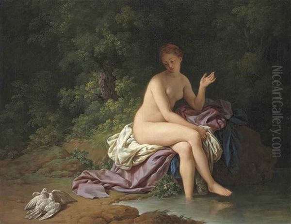 A Lady Bathing By A River, With Two Turtledoves Oil Painting by Louis Jean Francois Lagrenee