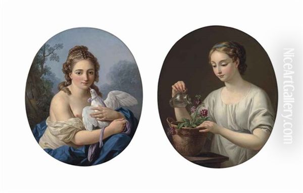 A Young Woman Holding A Dove (la Douce Captivite) And A Woman Watering A Pot Of Matthiola (' La Jeune Athenienne ') (pair) Oil Painting by Louis Jean Francois Lagrenee