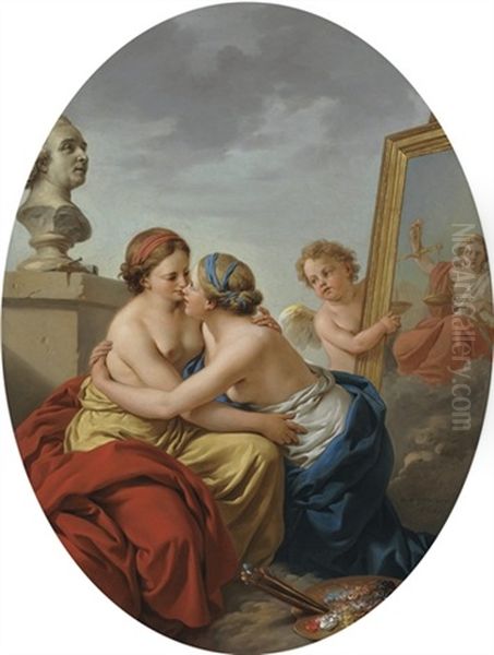 The Union Of Painting And Sculpture Oil Painting by Louis Jean Francois Lagrenee