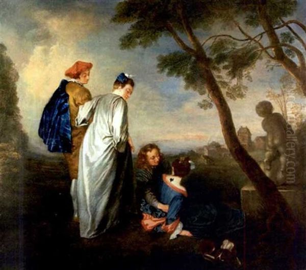 Couples In Elegant Dress With Dog On Hillside Oil Painting by Louis Jean Francois Lagrenee