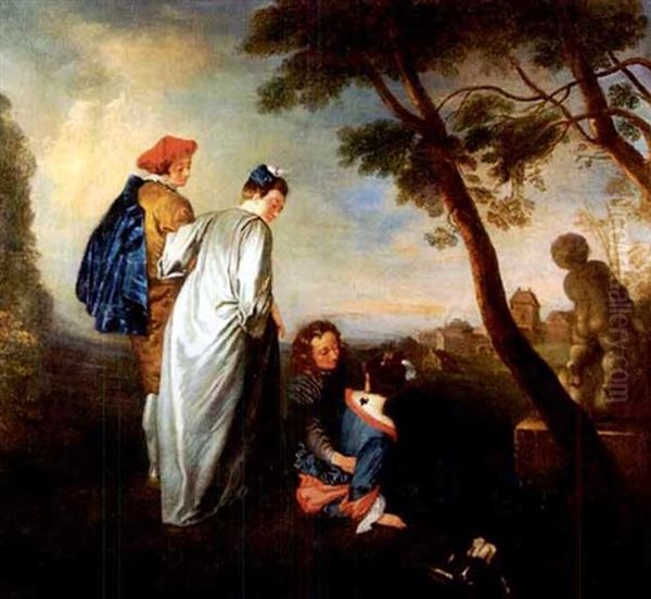 Elegant Couples On A Hilltop With Dog by Louis Jean Francois Lagrenee