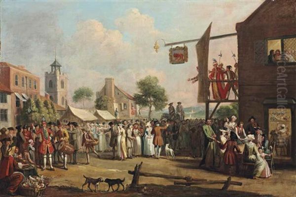 Laguerre_john A Fair, With A Crowd Gathered In A Square By The Red Lion Inn, With Actors On A Balcony, And A Recruiting Officer And Drummer Beside A Stall Oil Painting by John (Jack) Laguerre