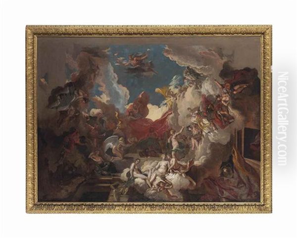 Cupid And Psyche Before Jupiter - A Bozzetto For A Ceiling Oil Painting by Louis Laguerre