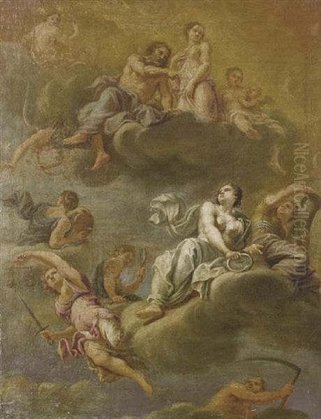 Psyche Received On Olympus, Accompanied By Mercury, The Cardinal Virtues And Eternity (sketch For A Ceiling) Oil Painting by Louis (Laguerre le vieux) Laguerre